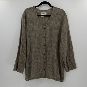 Flax Women's Linen Button Front Tunic Top -Tan Multi - Large